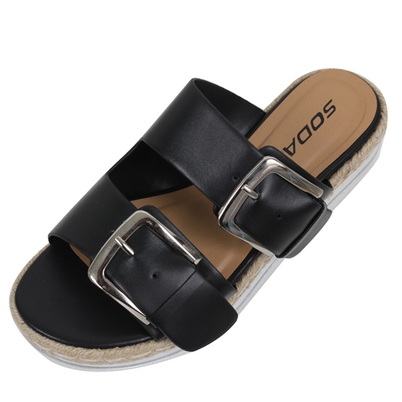Black Open Double Buckle Espadrille Rubber Sole - Picture 2 of 5